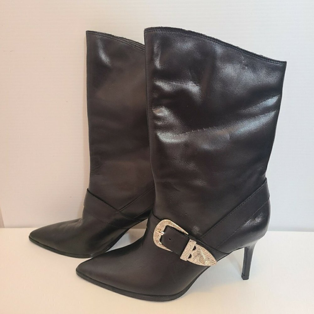 Zara Women's Sz 6 1/5  Black Heel Ankle Boots With belt silver Point Toe lether